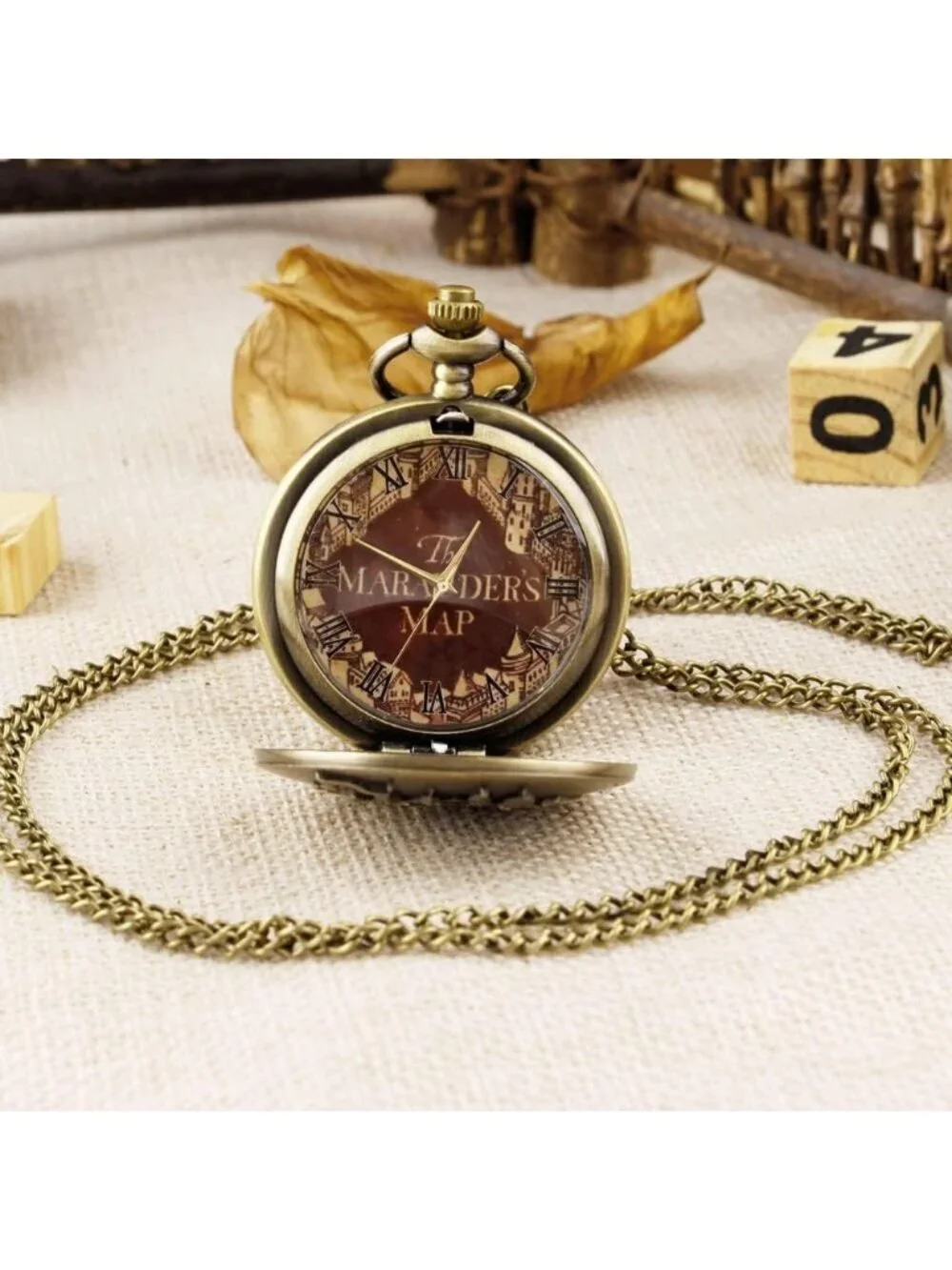 Men's Brown Analog Quartz Map Shape Pendant Necklace Round Case Pocket Watch